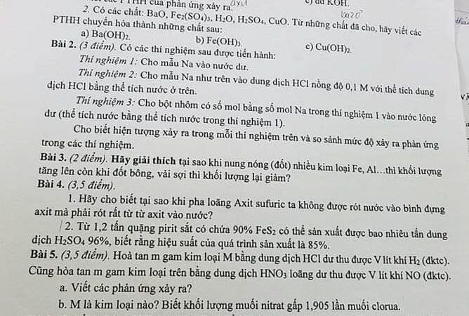 Đề thi chọn HSG Hóa 9 Huyện Ứng Hòa – Năm học 2022 – 2023