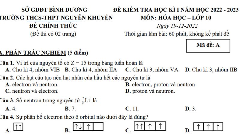 Đề thi HKI hóa lớp 10 THPT Nguyễn Khuyến (Bình Dương) – Năm học 2022 – 2023